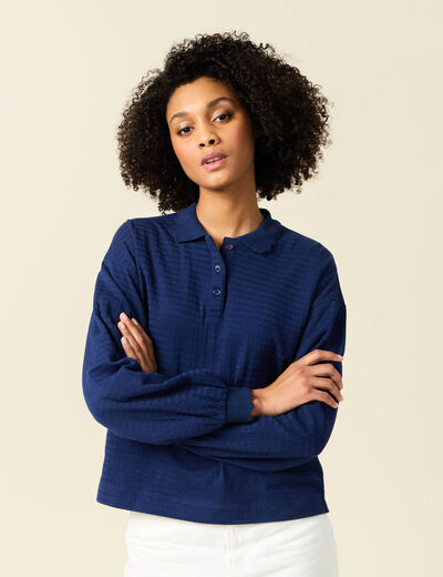 Sweat manches longues col polo bleu foncé femme
