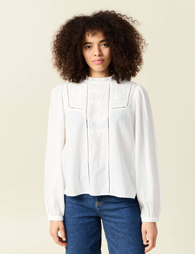 Chemise manches longues brod&eacute;e ecru femme
