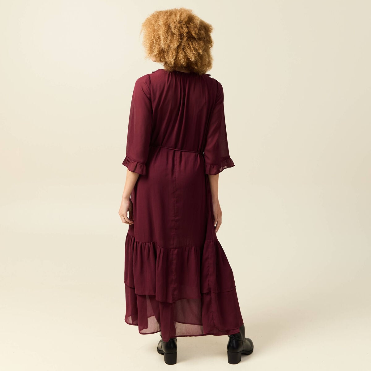Robe manches 3/4 doubl&eacute;e bordeaux femme