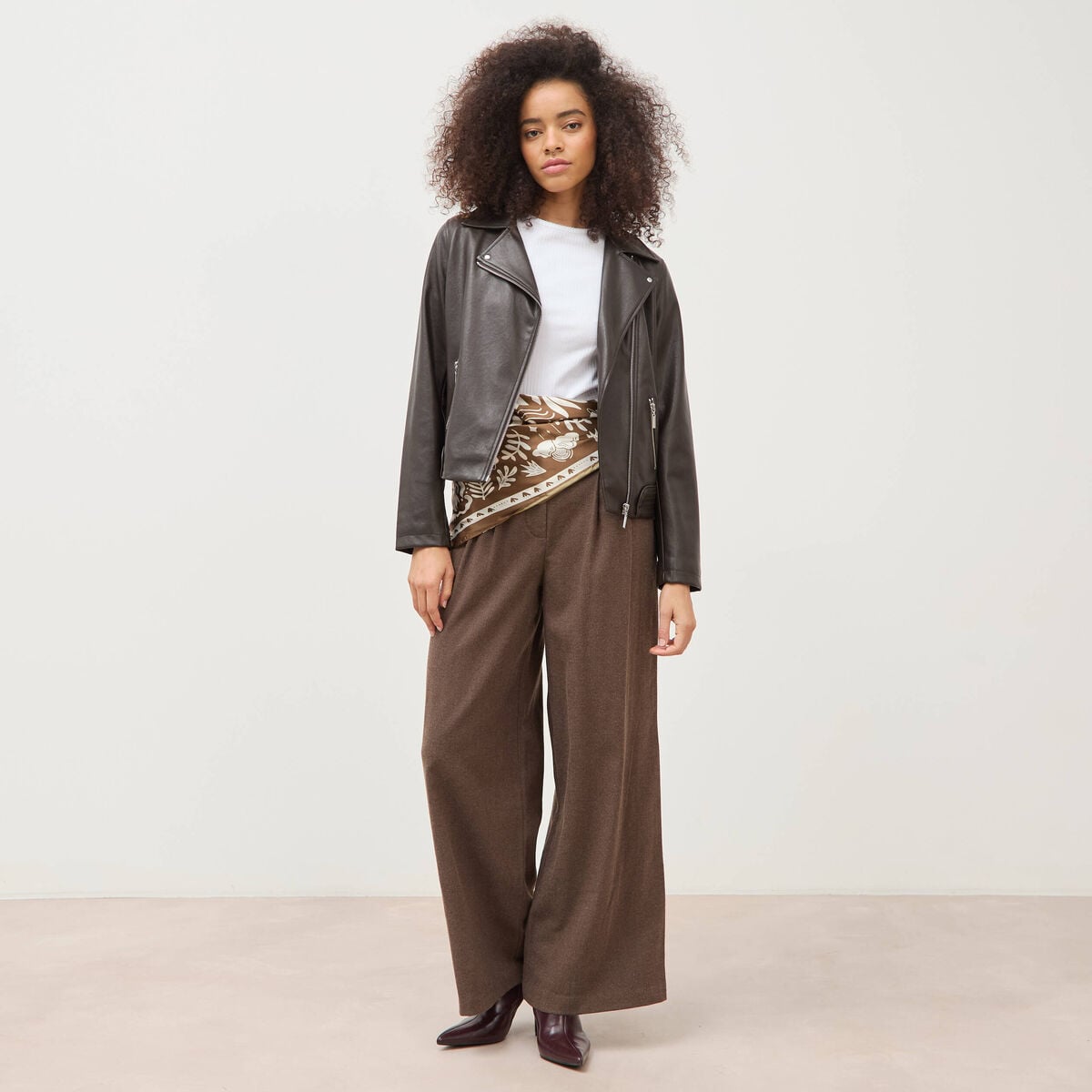 Pantalon large taille standard marron fonc&eacute; femme
