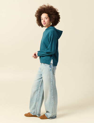 Sweat &agrave; capuche manches longues brillant bleu canard femme