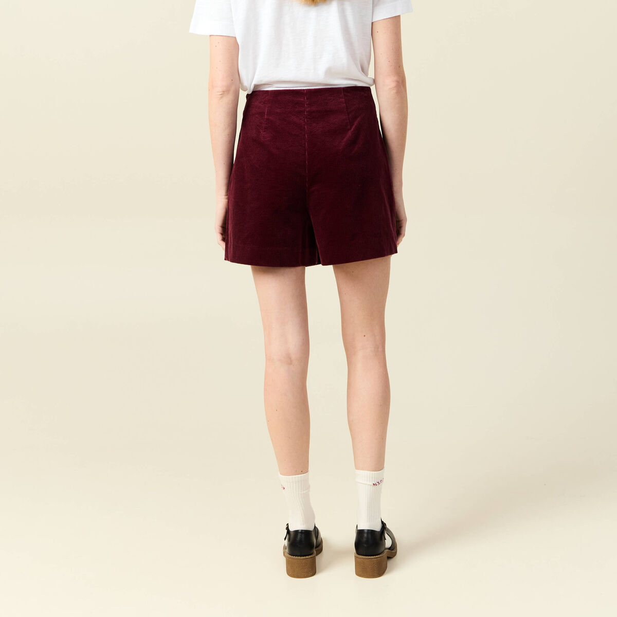Jupe-short taille haute en velours bordeaux femme