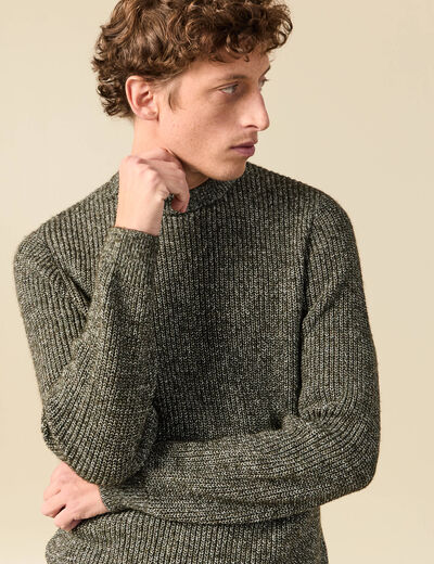 Pull manches longues col rond vert kaki homme