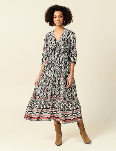 Robe longue évasée noir femme