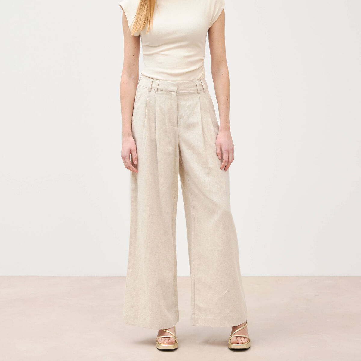 Pantalon large taille haute sable femme
