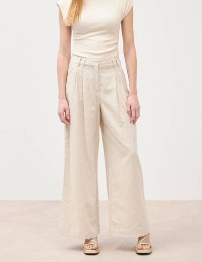 Pantalon large taille haute sable femme