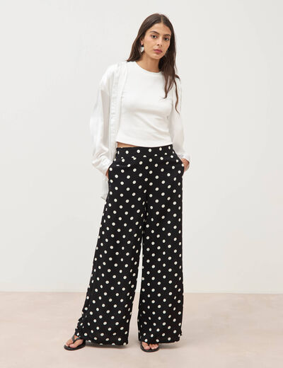 Pantalon large taille haute noir femme