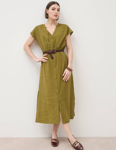 Robe fluide col v manches courtes vert kaki femme