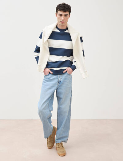 Sweat ray&eacute; col rond manches longues bleu marine homme