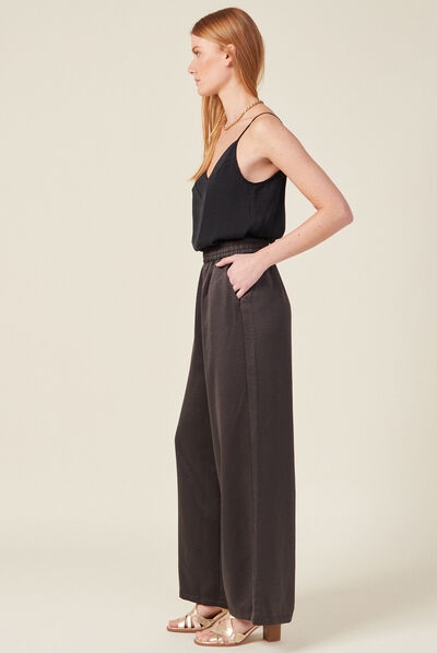 Pantalon large fluide satin gris foncé femme