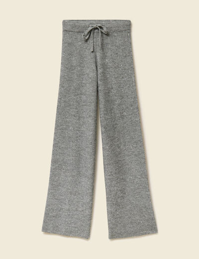 Pantalon large taille haute en maille gris femme