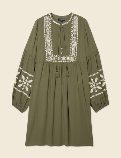 Robe brodée éco-responsable vert kaki femme