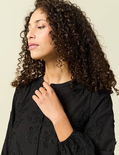 Chemise manches longues broderie coton noir femme