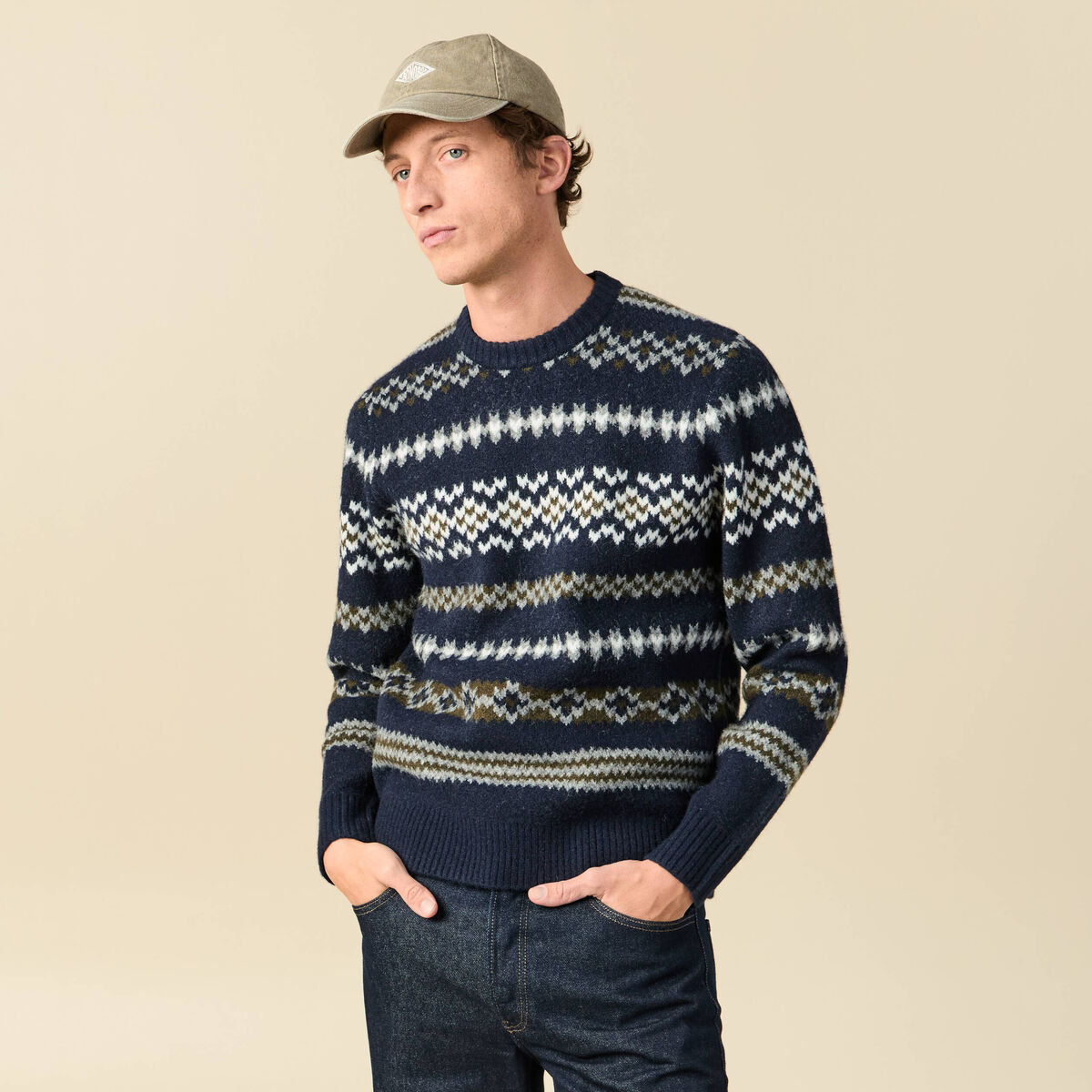 Pull manches longues col rond bleu marine homme