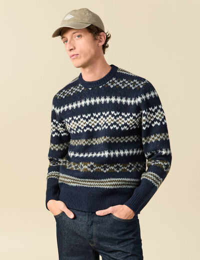 Pull manches longues col rond bleu marine homme