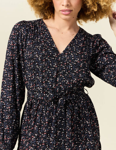 Robe droite courte col v manches longues noir femme