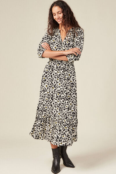 Robe longue évasée volantée noir femme