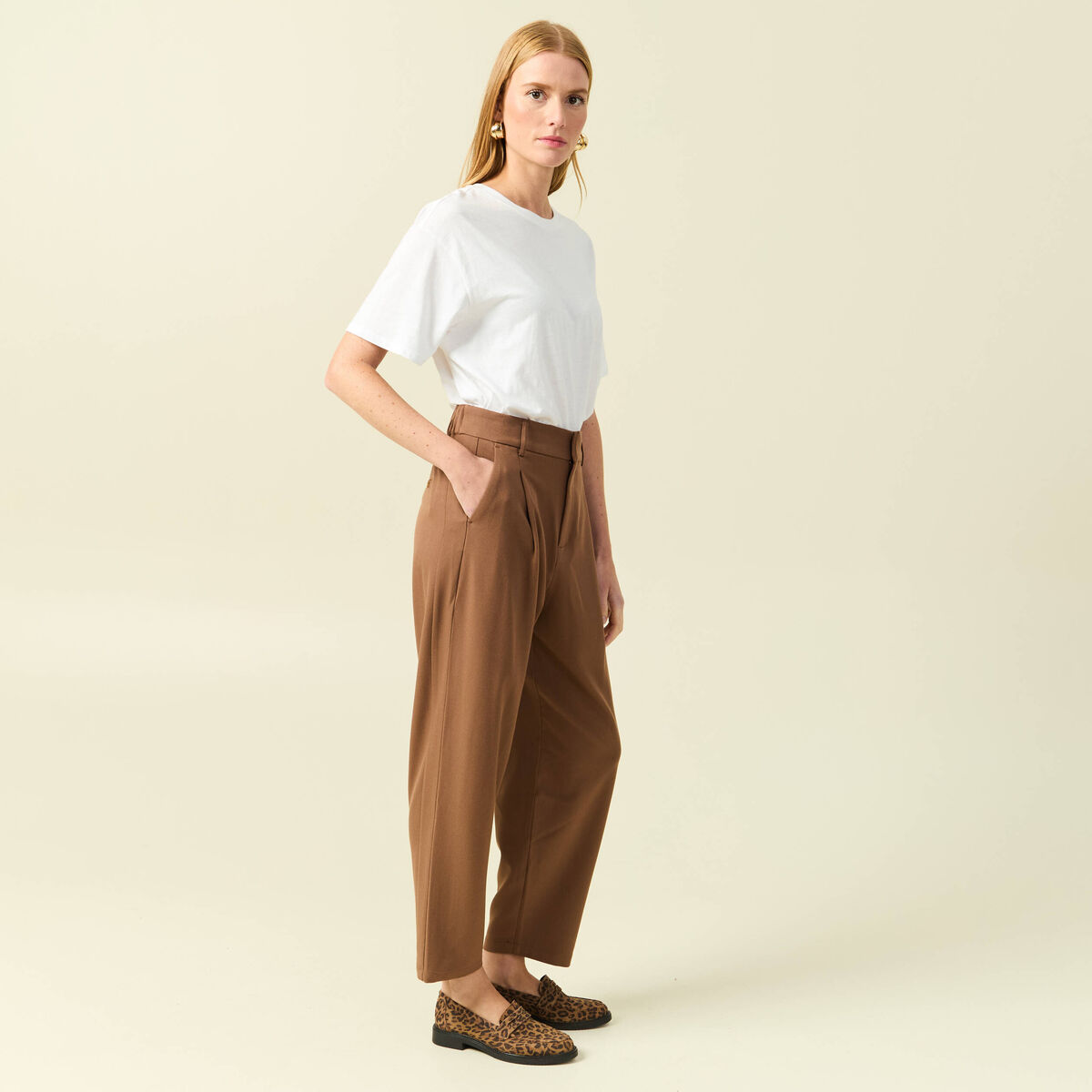 Pantalon slouchy taille haute 7/8&egrave;me marron femme