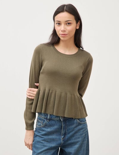 Pull col rond manches longues vert kaki femme