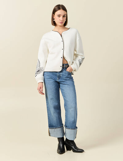 Gilet manches longues brodé ecru femme