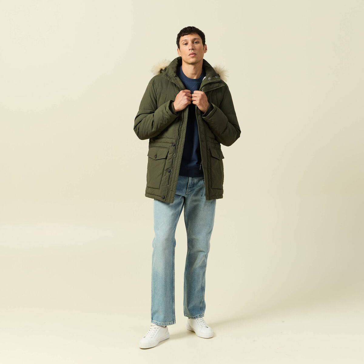 Parka longue droite &agrave; capuche vert kaki homme