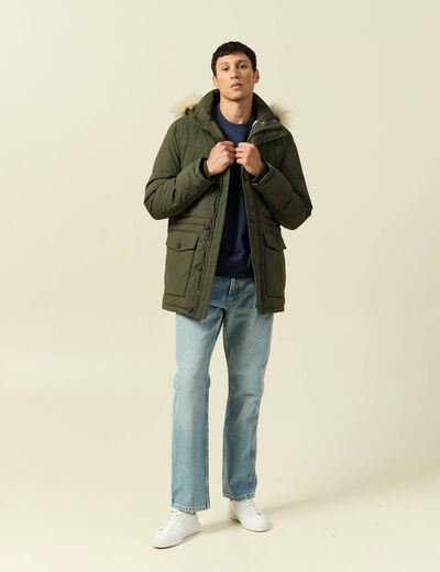 Parka longue droite &agrave; capuche vert kaki homme