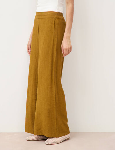 Pantalon large taille haute fluide vert olive femme