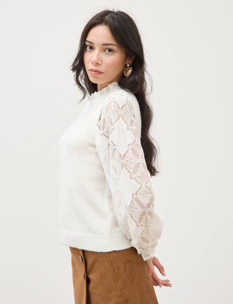 Pull droit col &agrave; volants manches longues ecru femme