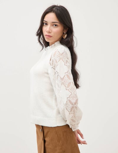 Pull droit col &agrave; volants manches longues ecru femme