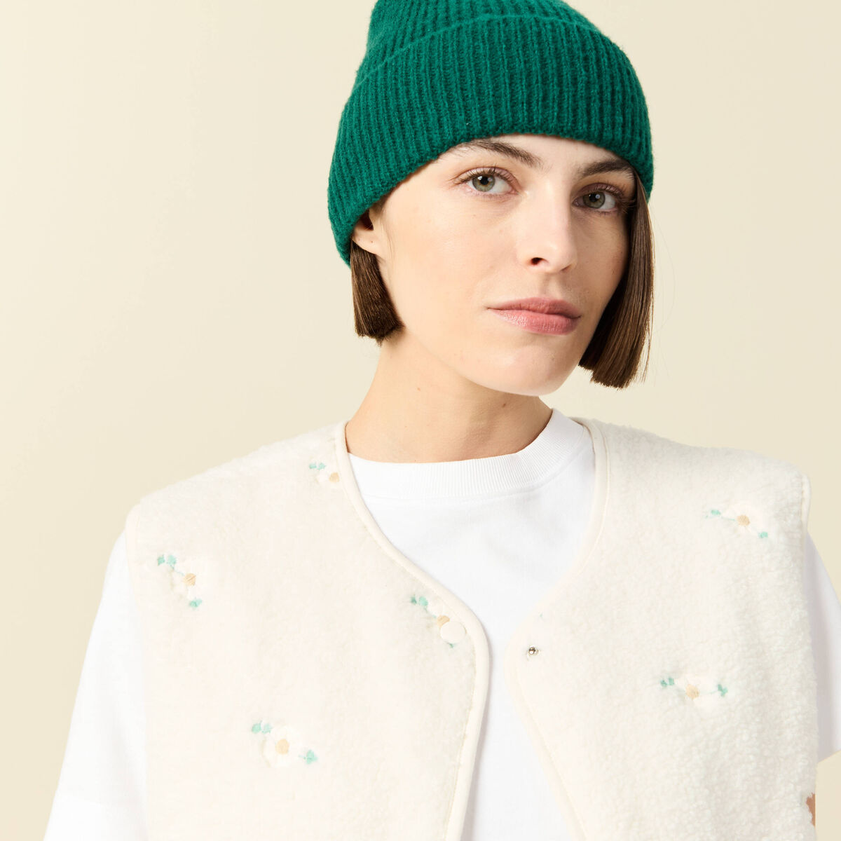 Gilet sherpa sans manches col rond ecru femme