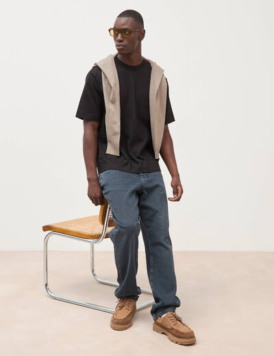 T-shirt droit en coton col ras du cou noir homme