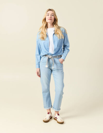 Jeans boyfriend ceinturé denim bleach femme