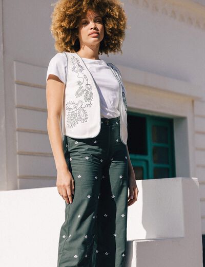 Gilet sans manches brodé ecru femme