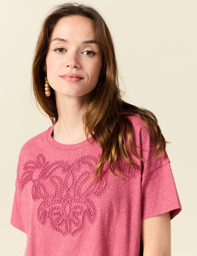 T-shirt manches courtes brodé vieux rose femme