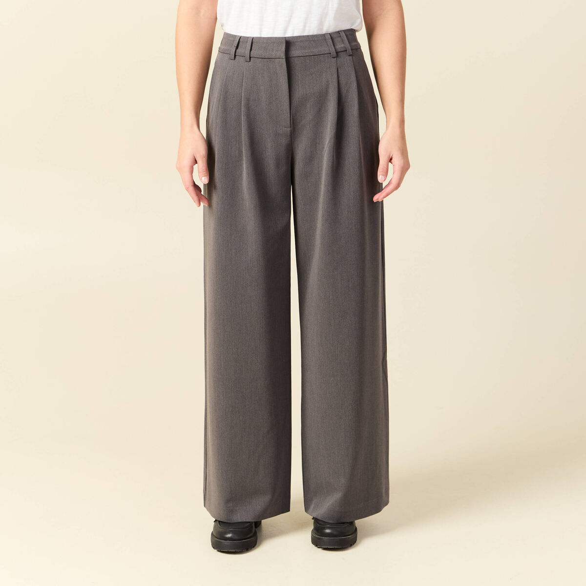 Pantalon large taille haute fluide gris femme