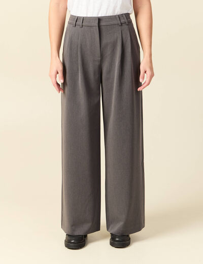 Pantalon large taille haute fluide gris femme