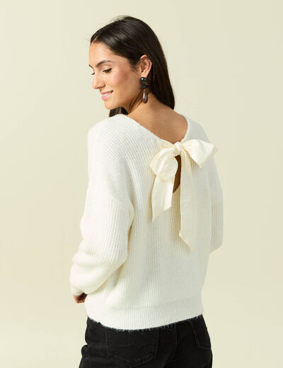 Pull col rond manches longues ecru femme