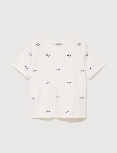 T-shirt droit col rond brod&eacute; en coton ivoire femme
