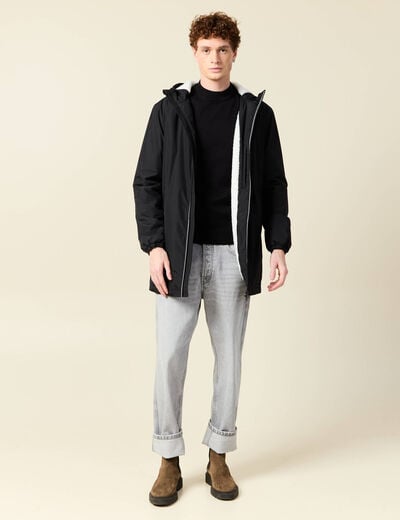 Parka longue droite &agrave; capuche noir homme