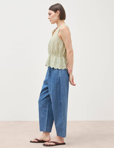 Top col v sans manches en coton vert kaki femme