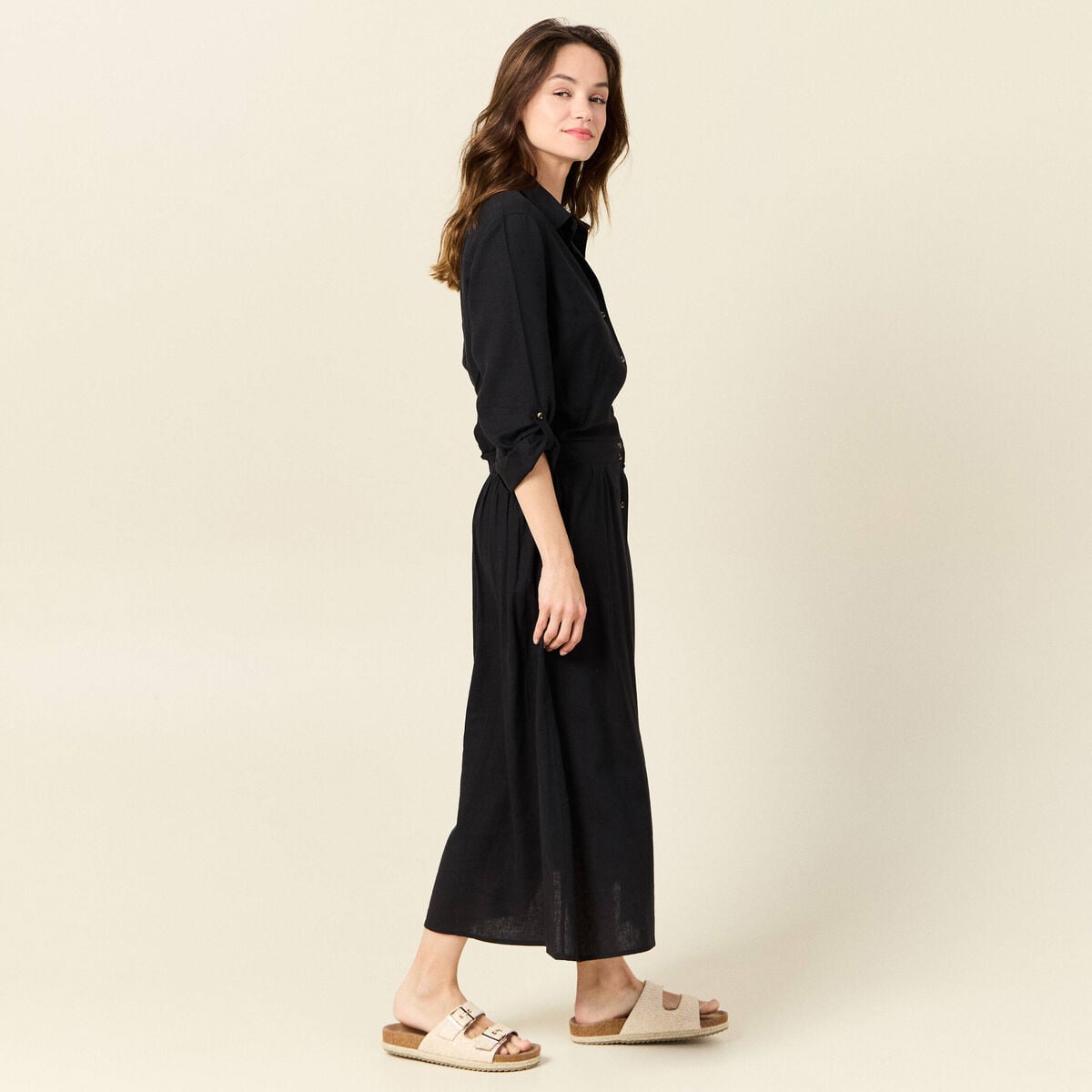 Robe droite manches longues 3/4 noir femme