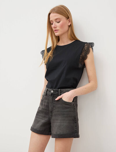 Short mom taille haute en jean denim gris femme