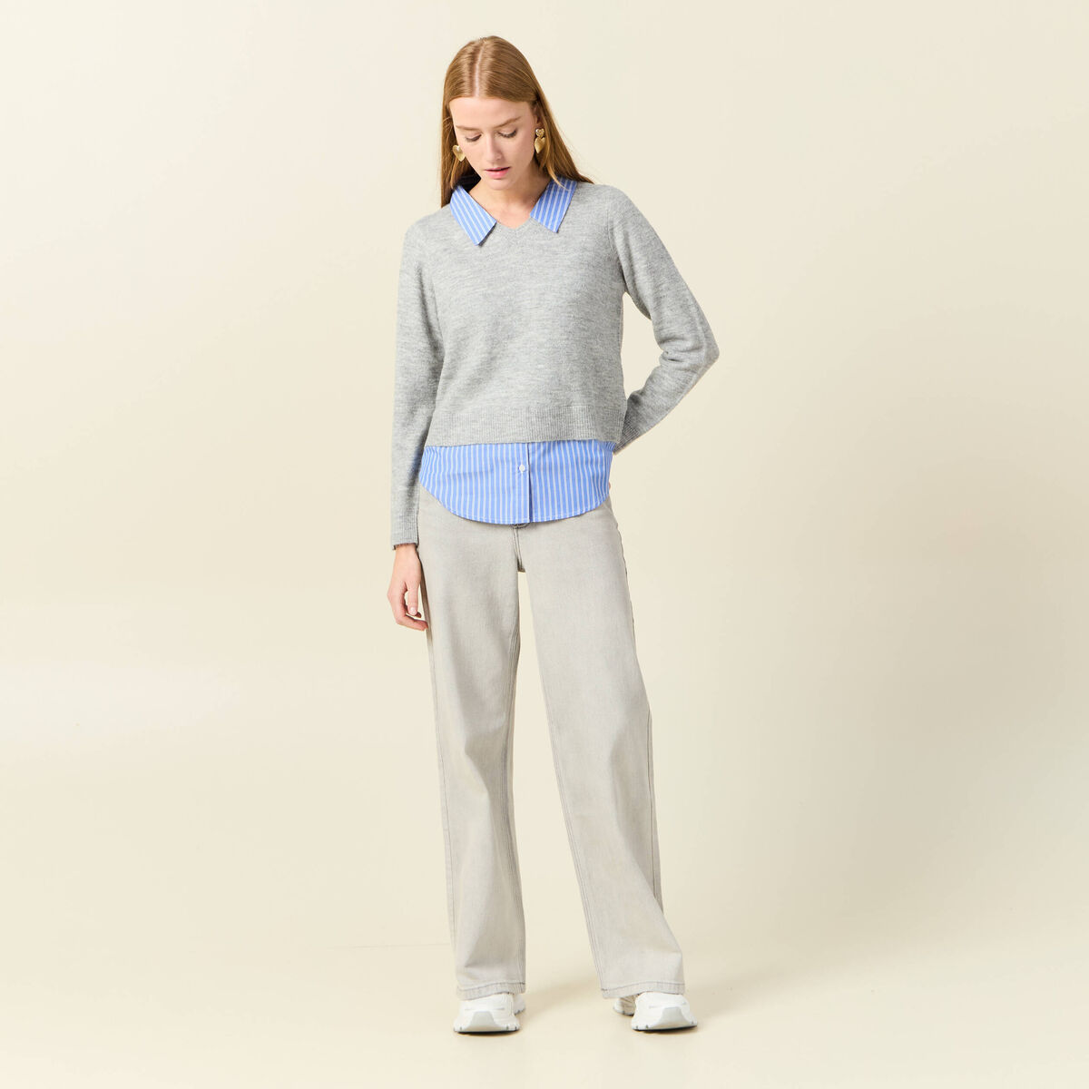 Pull manches longues gris clair femme