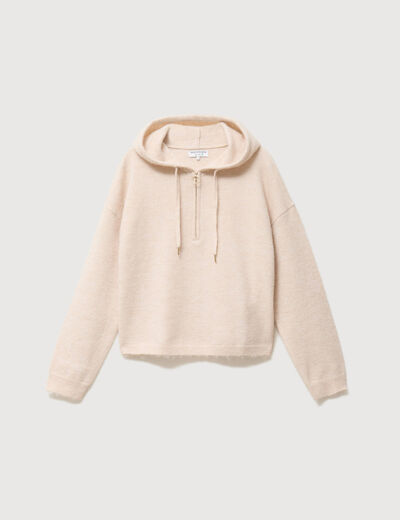 Pull &agrave; capuche zipp&eacute; beige femme