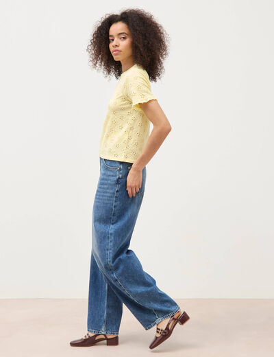 T-shirt droit col rond broderie coton jaune pastel femme