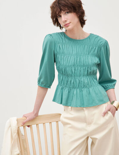 T-shirt cintr&eacute; col rond manches longues vert femme