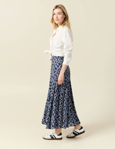 Jupe longue droite fluide bleu marine femme
