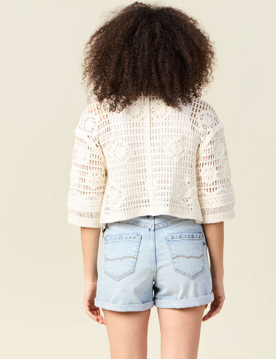 Gilet manches 3/4 ajouré ecru femme