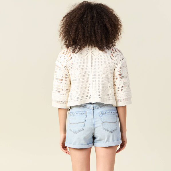 Gilet manches 3/4 ajouré ecru femme