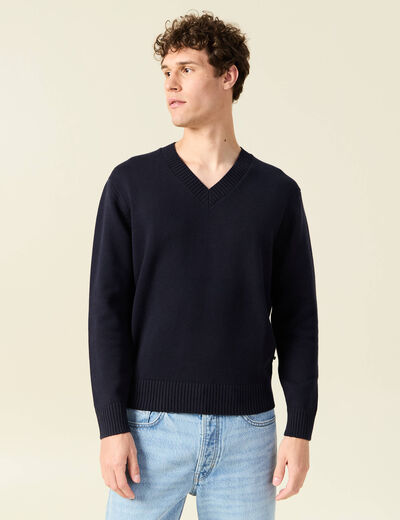 Pull fin col v manches longues bleu marine homme